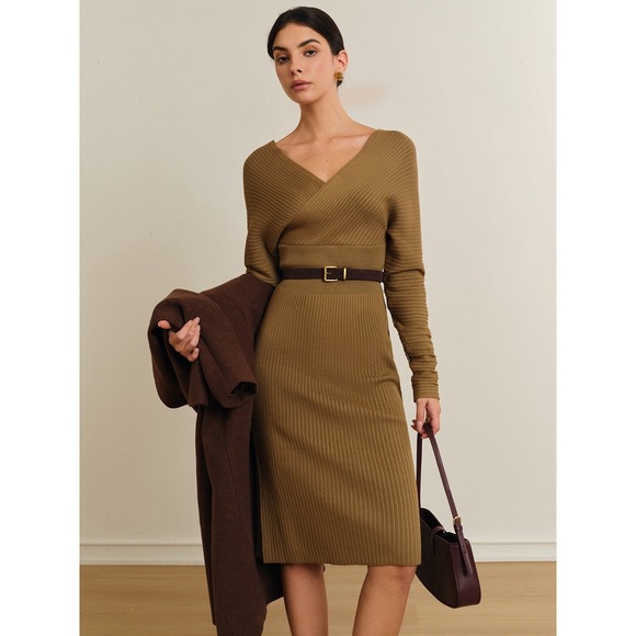 Commense Dresses & Skirts - Commense Ribbed Knit Midi Dress Long Sleeve V Neck Olive Career Casual‎ size XS